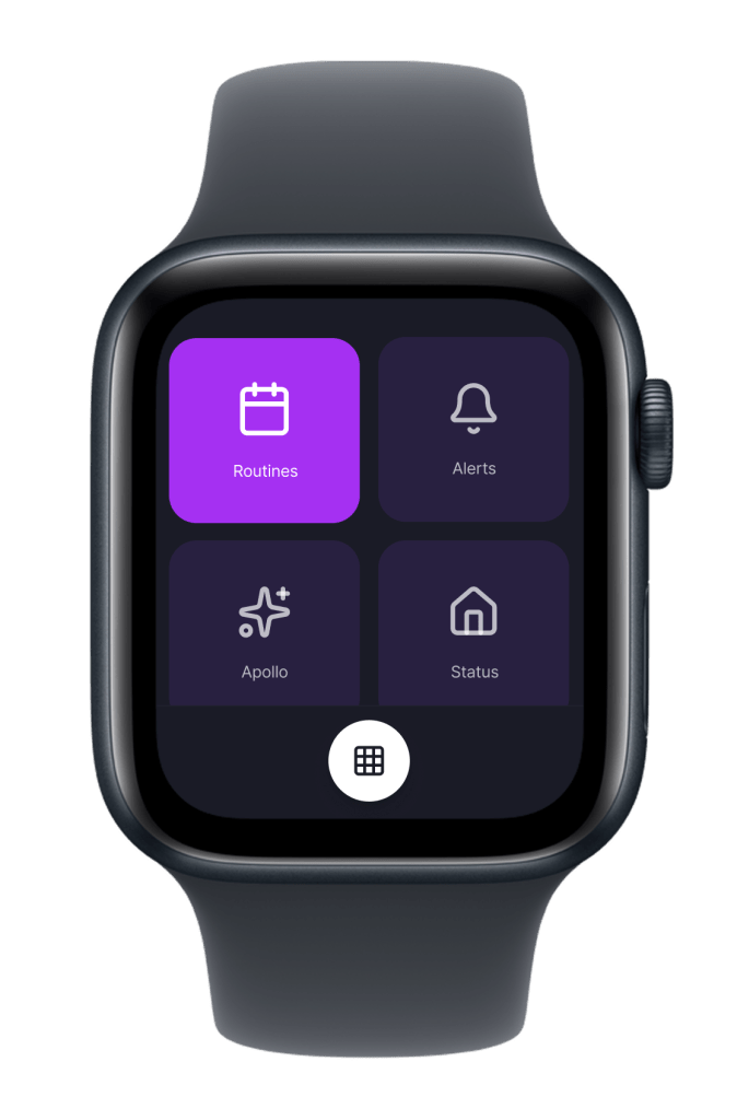 The watch displaying the menu screen that includes routine, alerts, Apollo AI Agent, Status of the home, user's health metrics, and log.