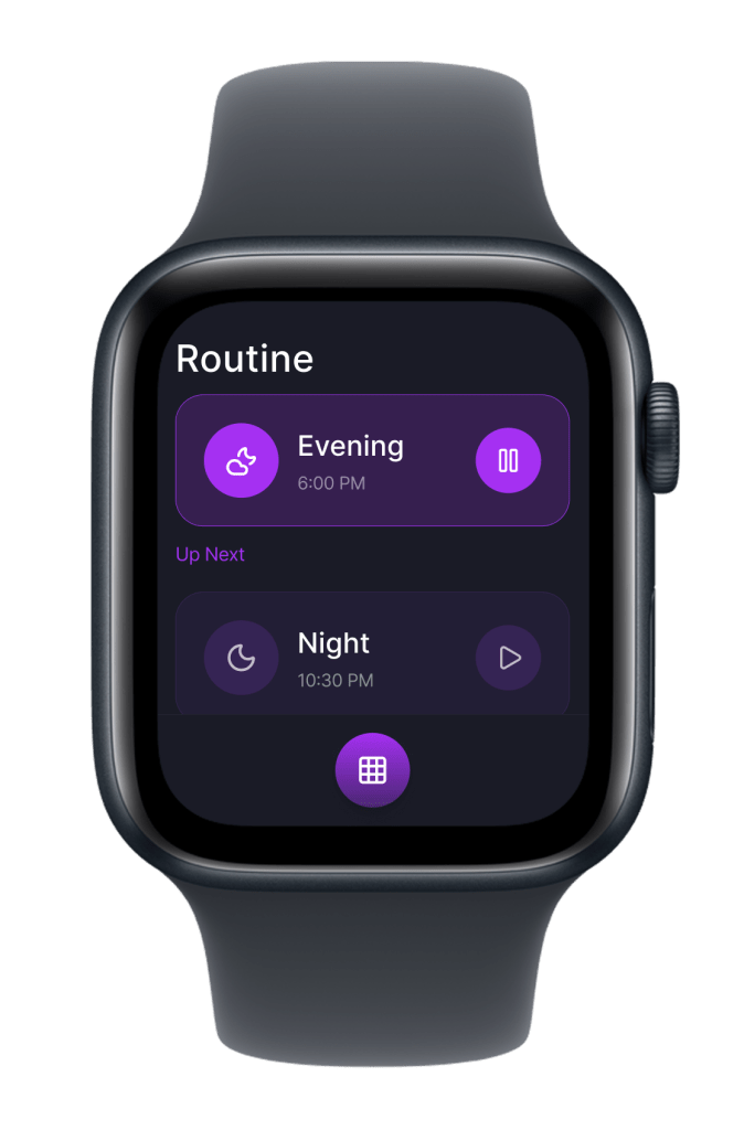 The watch displaying the routine screen. It's condensed as it only includes mode name, time, option to pause and what mode is next.