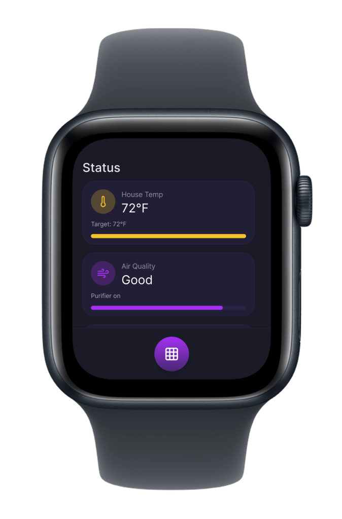 The watch displaying the home status such as the current temp, air quality, number of lights on, etc.